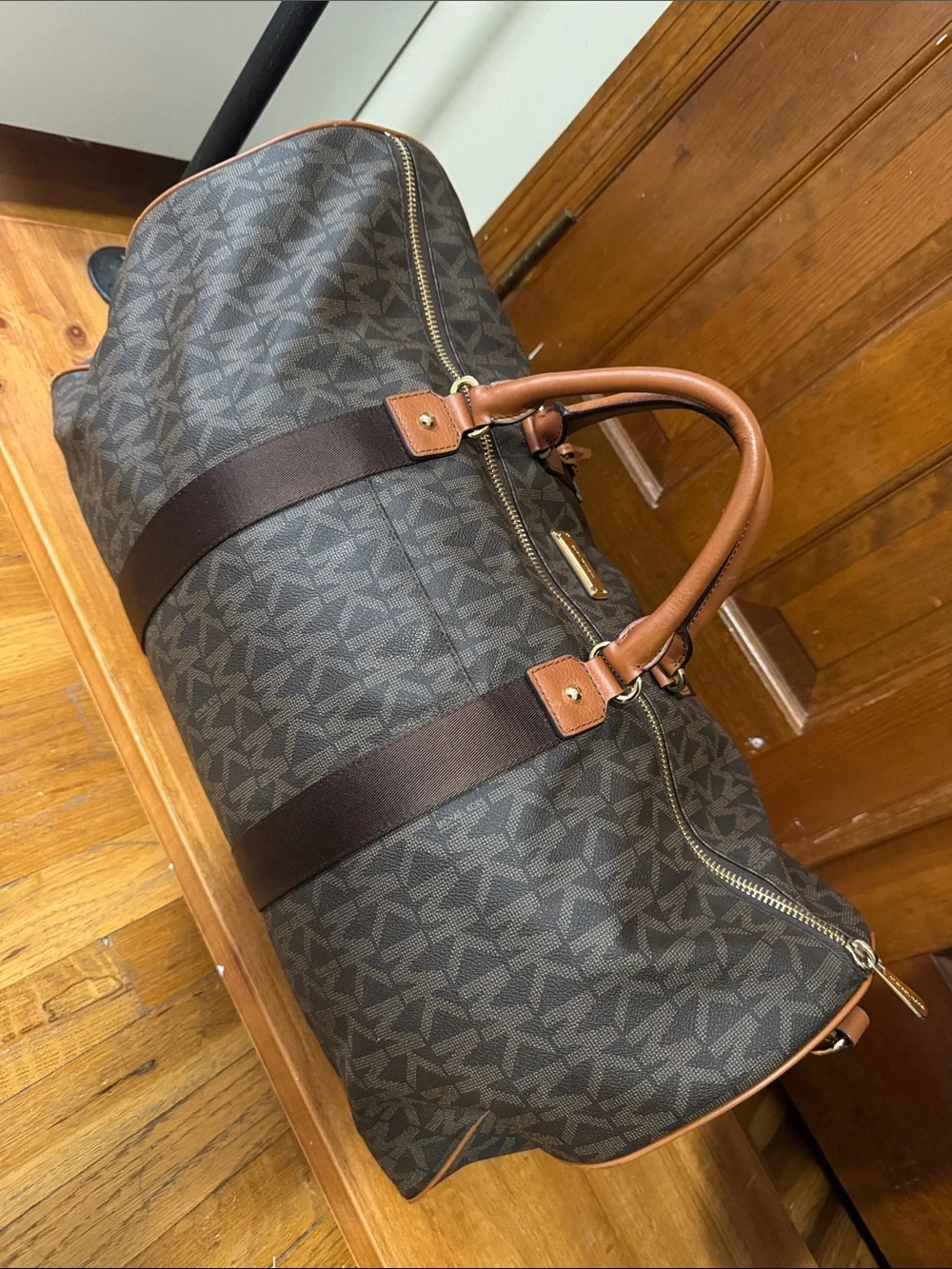 Michael Kors Brown Monogram Travel Duffel Bag with Tan Handles